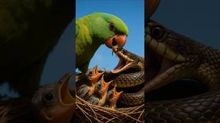 둥지를 습격한 뱀과 맞서는 어미앵무새 " a mother parrot confronting a snake that attacked the nest"